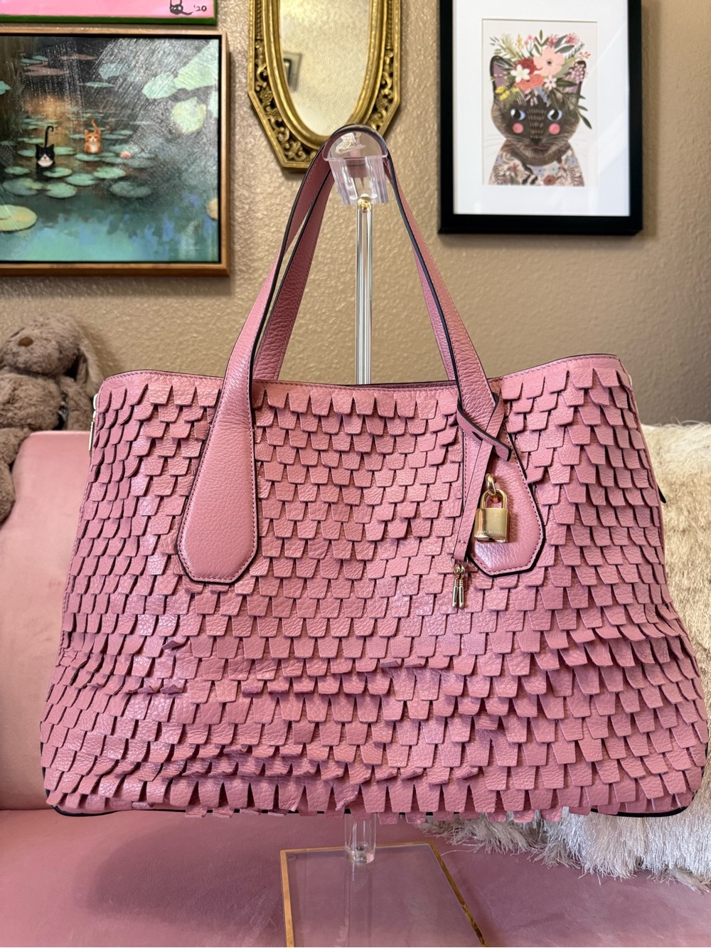 💯Auth Henri Bendel Debutante Tote/Shoulder Bag Pink Fringe Leather Gold Hardware